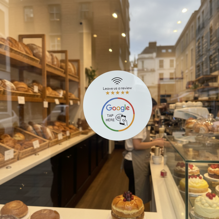 10cm Round WHITE  Google Review Window / Table / Counter Sticker - NXP NTAG213